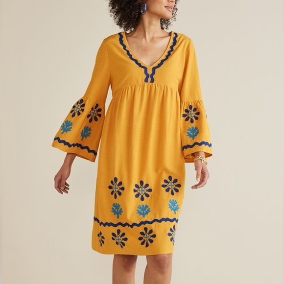 NWT Soft Surroundings Women’s  Petra dress Yellow and Blue Embroidered Dress L - Picture 2 of 8